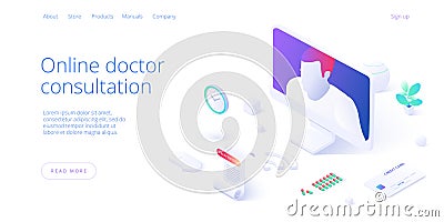 Online doctor consultation call or visit concept in isometric vector design. Woman using internet on pc for medical video chat. Vector Illustration