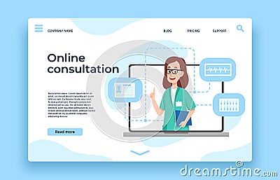 Online doctor consultation. Patient health consultation, online medical help and doctors meeting landing page vector Vector Illustration