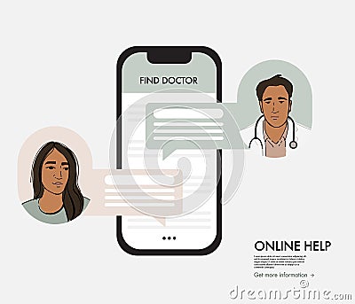 Online doctor consultation support. Virtual medical call and chat, mobile appointment set up. Healthcare distance therapy web Vector Illustration