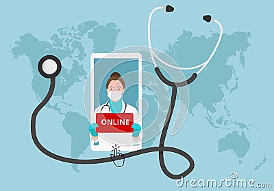 Online doctor consultation using phone smartphone healthcare stethoscope Vector Illustration