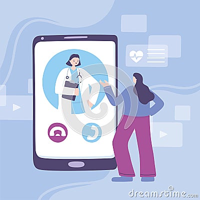 Online doctor, female practitioner and patient smartphone, medical advice or consultation service Vector Illustration