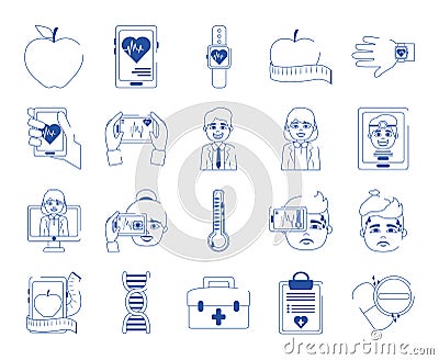 Online doctor health medicine care blue line style icons set Vector Illustration