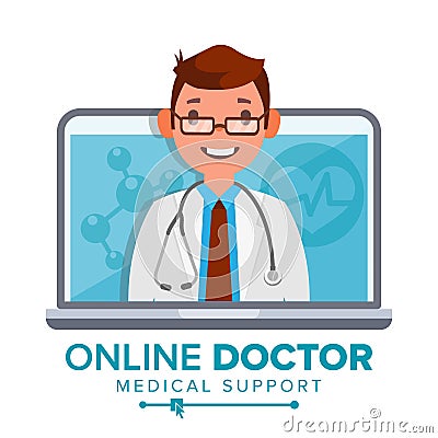 Online Doctor Man Vector. Medical Consultation Concept Design. Male Look Out Laptop. Online Medicine Support. Isolated Vector Illustration