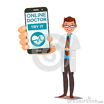 Online Doctor Mobile Service Vector. Man Holding Smartphone With Online Consultation On Screen. Medicine Support Vector Illustration