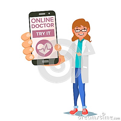 Online Doctor Mobile Service Vector. Woman Holding Smartphone With Online Consultation On Screen. Medicine Support Vector Illustration