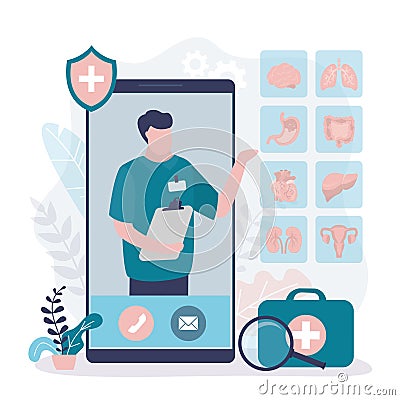 Online doctor offers to schedule full examination of internal organs. Medical staff on phone screen offers to undergo medical Vector Illustration