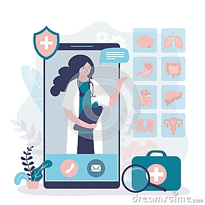 Online doctor offers to schedule full examination of internal organs. Nurse on phone screen offers to undergo medical check up Vector Illustration
