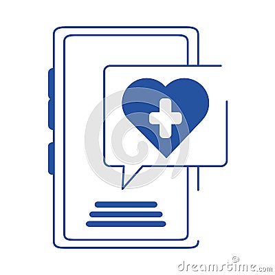 Online doctor smartphone connected medical care blue line style icon Vector Illustration