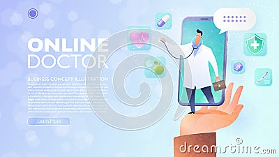 Online Doctor and Telemedicine concept. Patient`s hand holding a smartphone video calling a doctor via smartphone. Vector Illustration