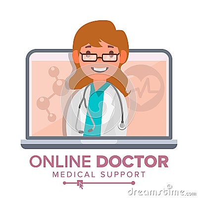 Online Doctor Woman Vector. Medical Consultation Concept Design. Female Look Out Laptop. Online Medicine Support Vector Illustration