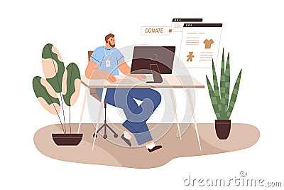 Online donation, charity, contribution concept. Volunteer donating via internet. Person at computer during humanitarian Vector Illustration