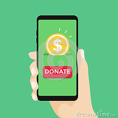 Online Donation smartphone with hand and money flat design. Vector Illustration