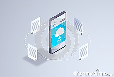 Online downloading mobile application computing cloud synchronization concept network sync document storage 3d isometric Vector Illustration
