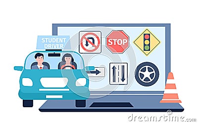 Online driving school. Future driver and instructor in car, rules and road signs on computer screen. Traffic rule Vector Illustration