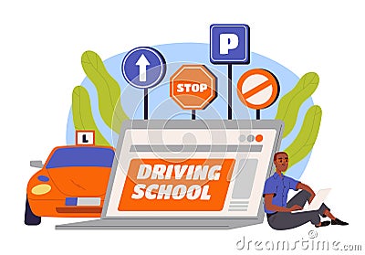 Online driving school vector concept Cartoon Illustration