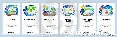 Online driving test, computer simulator, road rules book, driving license. Mobile app onboarding screens. Menu vector Vector Illustration