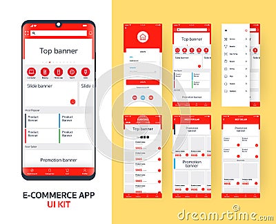 Online e-commerce app UI kit for responsive mobile app with different GUI layout including Login, main page, categories , Vector Illustration