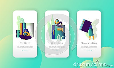 Online Ebook Library Modern University Mobile App Page Onboard Screen Set. Digital Book Reader. Woman Read Book Vector Illustration