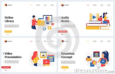 Online education, audio video books presentation technology concept landing page set Vector Illustration