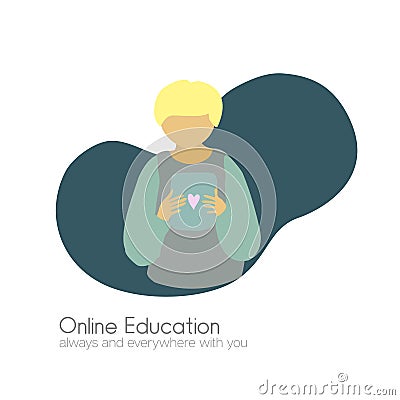 Online Education Banner. Flat Cartoon Boy with Tablet. Young Boy Learning with a Tablet. Vector Illustration