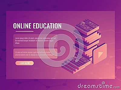 Online education banner, isometric vector electronic courses and tutorials, digital books Vector Illustration