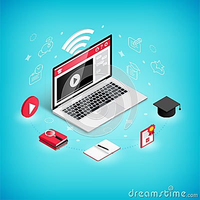 Online education blue banner Vector Illustration