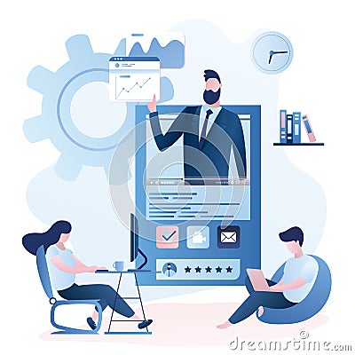 Online education or business training. Financial video course with mentor and business people with gadgets learning Vector Illustration