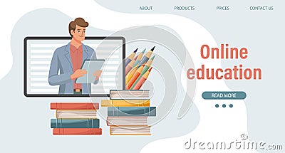 Online education or business training. A teacher, a computer mentor and a bunch of books and pencils. Illustration, landing page. Vector Illustration