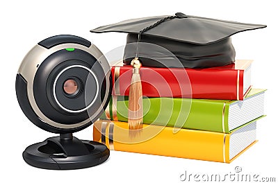 Online education concept, books with graduation cap with webcam, 3D rendering Stock Photo