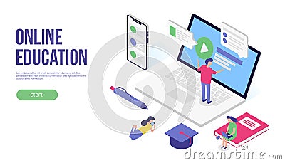 Online education concept. 3d isometric flat banner design. For web, infographic or print. Vector illustration Vector Illustration