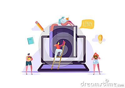 Online Education Concept. E-Learning with Flat People Reading Books. Graduation University College Characters. Teaching Vector Illustration