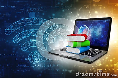Online education concept - laptop computer with colorful books. 3d rendering Stock Photo