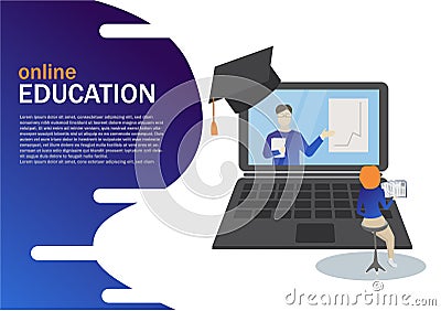 Online Education concept, laptop with teacher and graphic, girl preparing online for landing page design. Vector Illustration