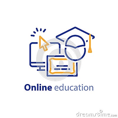 Online education concept line icons, internet learning courses, distant studying Vector Illustration