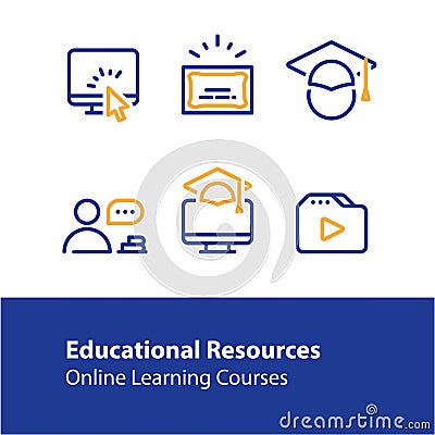 Online education concept line icons, internet learning courses, distant studying Vector Illustration