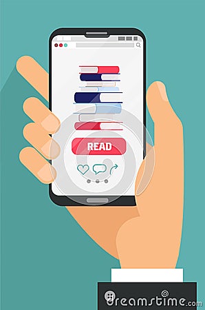 Online education concept. Male hand holding mobile phone with e-book app on screen. Stack of books on smartphone screen. Online Stock Photo
