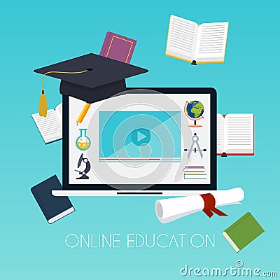 Online education concept. Science concept with book computer and Vector Illustration