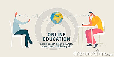 Online education concept vector illustration. Young man taking internet course and passing exams Vector Illustration