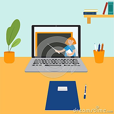 Online education concept, webinar presentation, teacher near the blackboard with a pointer in the laptop on the table Vector Illustration