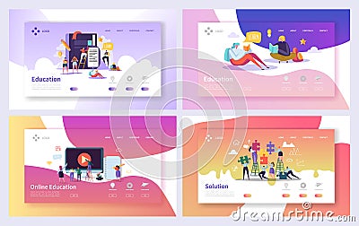 Online Education Course Landing Page Set. Distance Training Business Technology Abstract Design. Internet E-learning Vector Illustration
