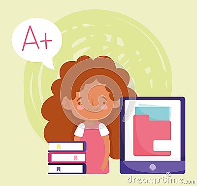 Online education cute student girl smartphone books homework Vector Illustration