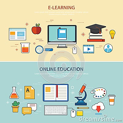 Online education and e-learning banner flat design template Vector Illustration