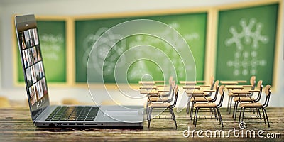 Online education and e-learning concept. Home quarantine distance learning. Laptop and school desks on blackdesk in classroom Cartoon Illustration