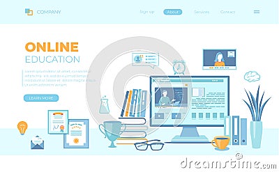 Online Education E-learning Online training, courses, exams, testing. Monitor screen with video tutorials, electronic books. Can u Vector Illustration