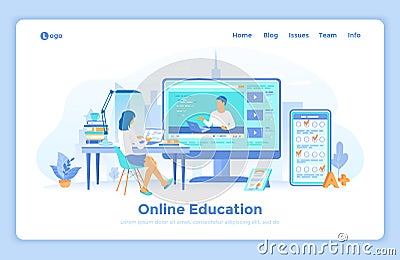 Online Education E-learning Online training, courses, exams, testing. Monitor screen with video tutorials. Woman sitting at a tabl Vector Illustration