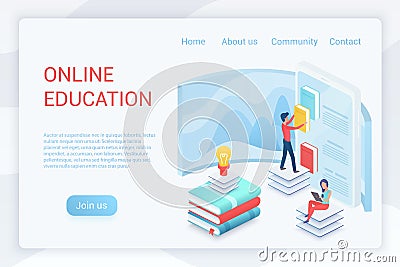 Online education, elearning isometric landing page vector template Vector Illustration