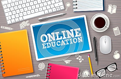 Online education elearning vector banner. Elearning online education text in tablet`s screen Vector Illustration