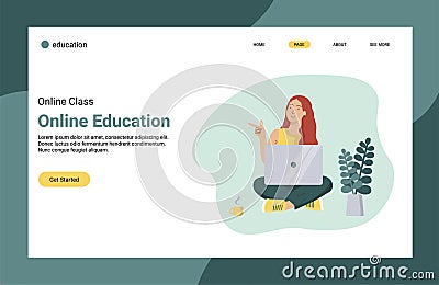 Online education. First page of the site. Girl with laptop. Online business network technology. Digital technology Vector Illustration