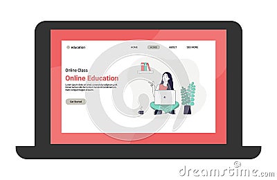 Online education. First page of the site in laptop. Girl with laptop. Online business network technology. Digital Vector Illustration