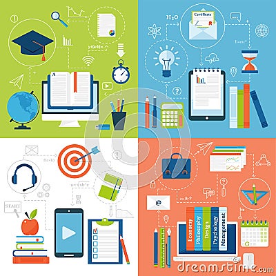 Online education flat icons vector set of distance school and webinar symbols. Vector Illustration